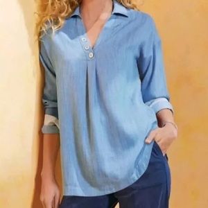 Soft Surroundings Asbury Tercel Blue Chambray Long Sleeve Tunic Top Size PMed